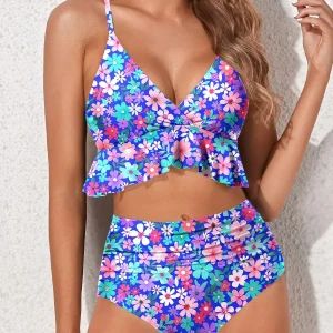 Elegant Flower Printed High Waist Pure Color Swimming Suit