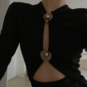 Elegant Hollow Out Long Sleeve Bodysuit Metal Ring Fashion Folds Tops