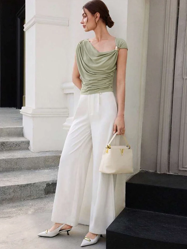 Elegant Irregular Metal Pleated High Stretch Solid Daily Casual Knots Tops - Image 2