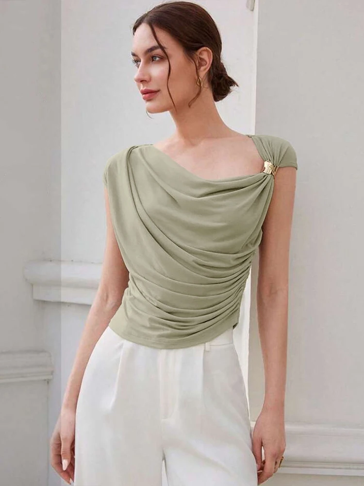 Elegant Irregular Metal Pleated High Stretch Solid Daily Casual Knots Tops