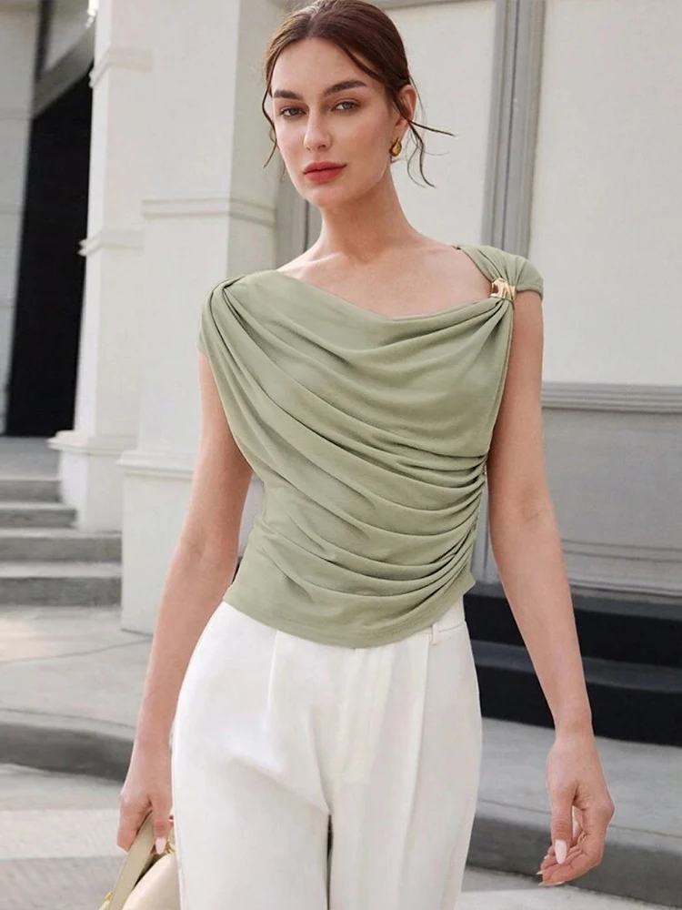 Elegant Irregular Metal Pleated High Stretch Solid Daily Casual Knots Tops - Image 5