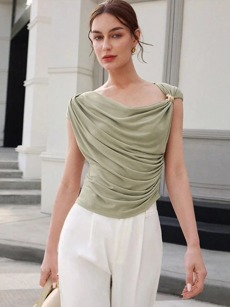 Elegant Irregular Metal Pleated High Stretch Solid Daily Casual Knots Tops - Image 3