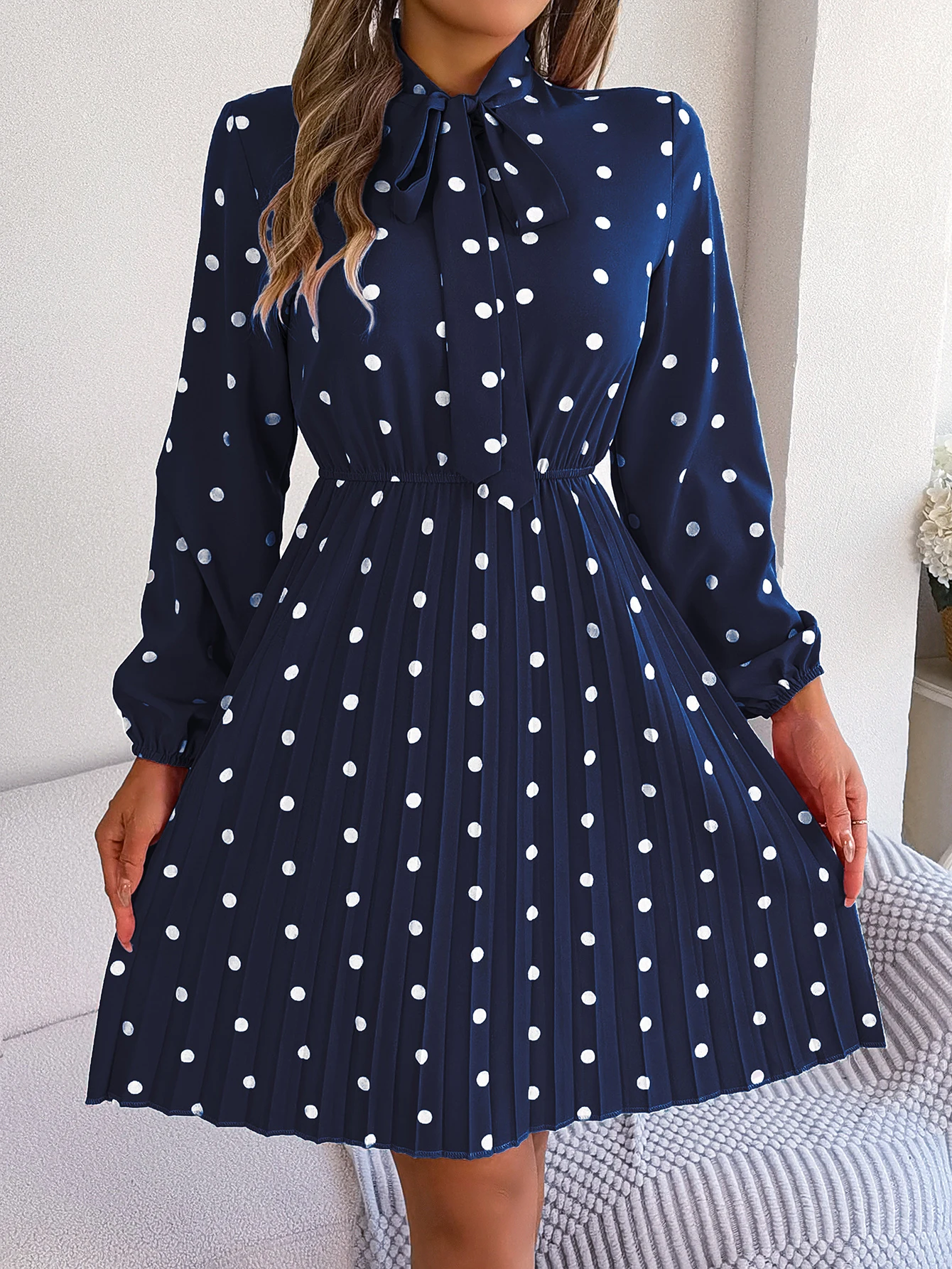 Elegant Lace up Polka Dot Long Sleeved Pleated Dresses - Image 7