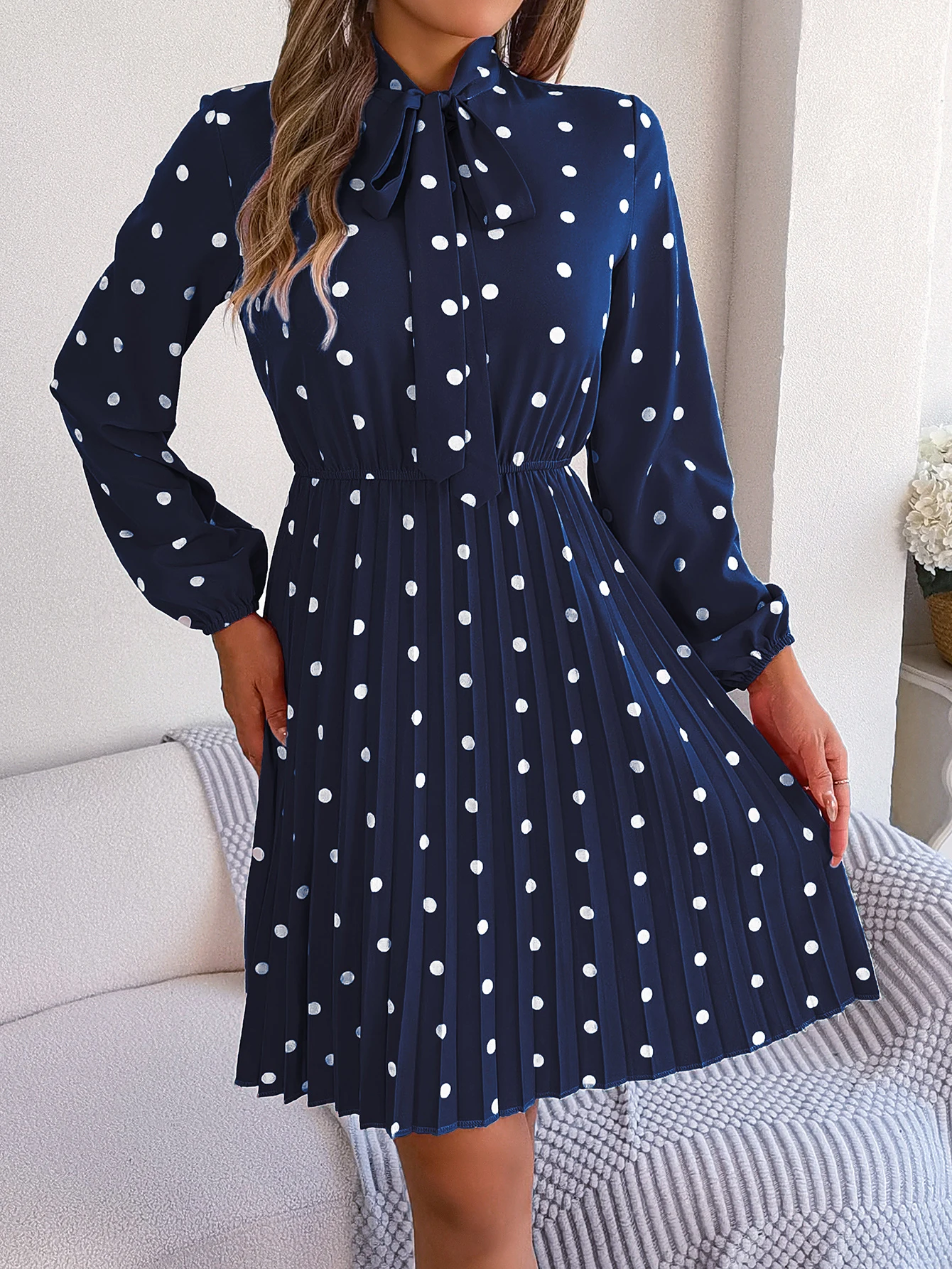 Elegant Lace up Polka Dot Long Sleeved Pleated Dresses - Image 8