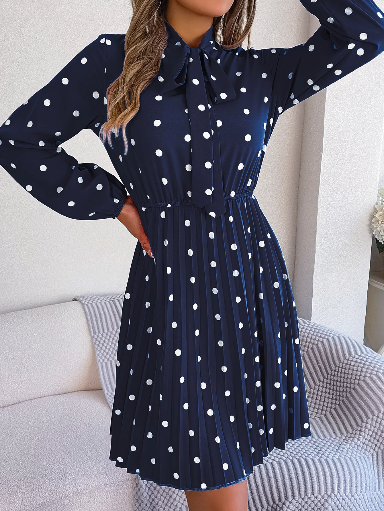 Elegant Lace up Polka Dot Long Sleeved Pleated Dresses - Image 9