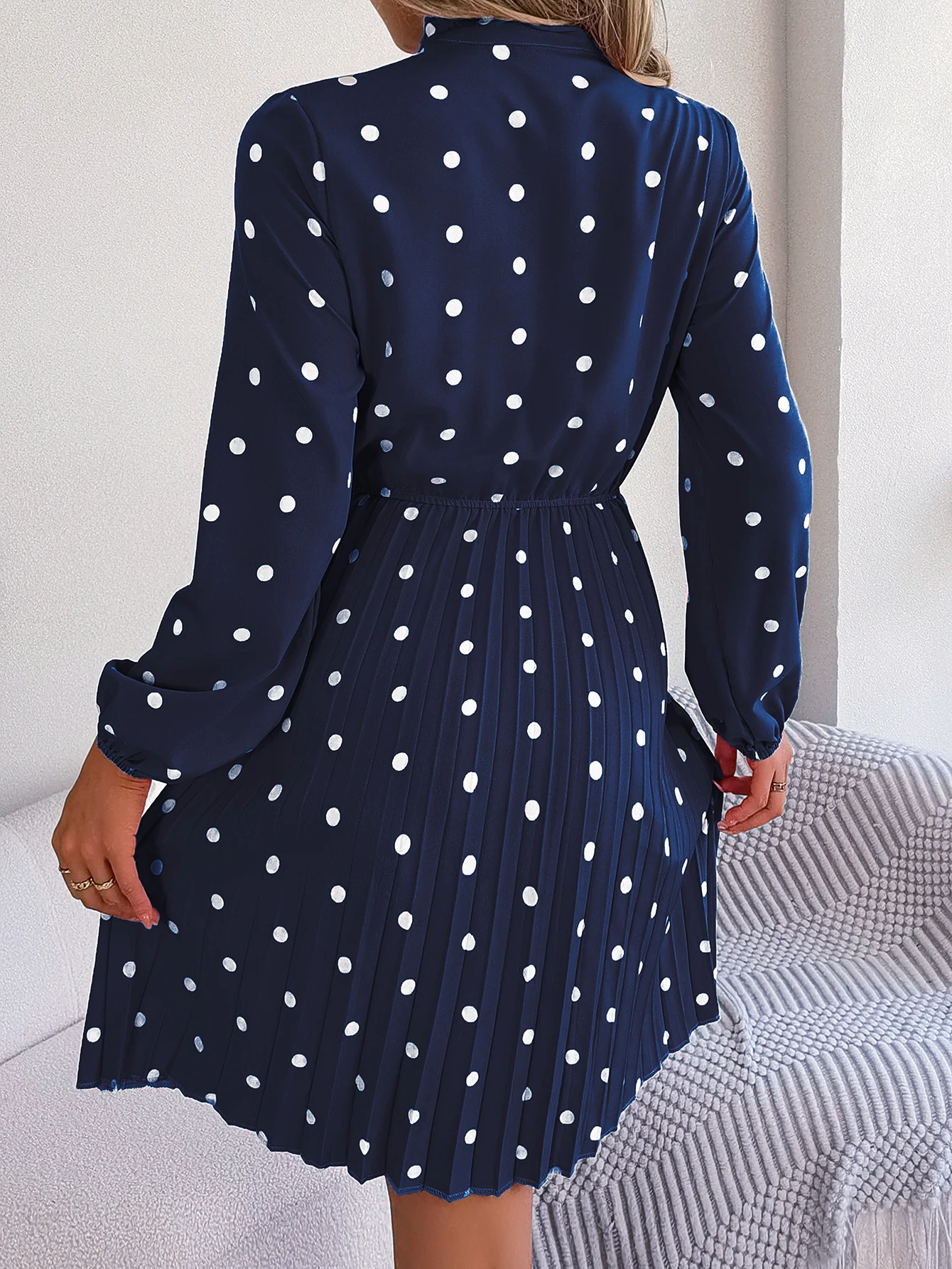 Elegant Lace up Polka Dot Long Sleeved Pleated Dresses - Image 12