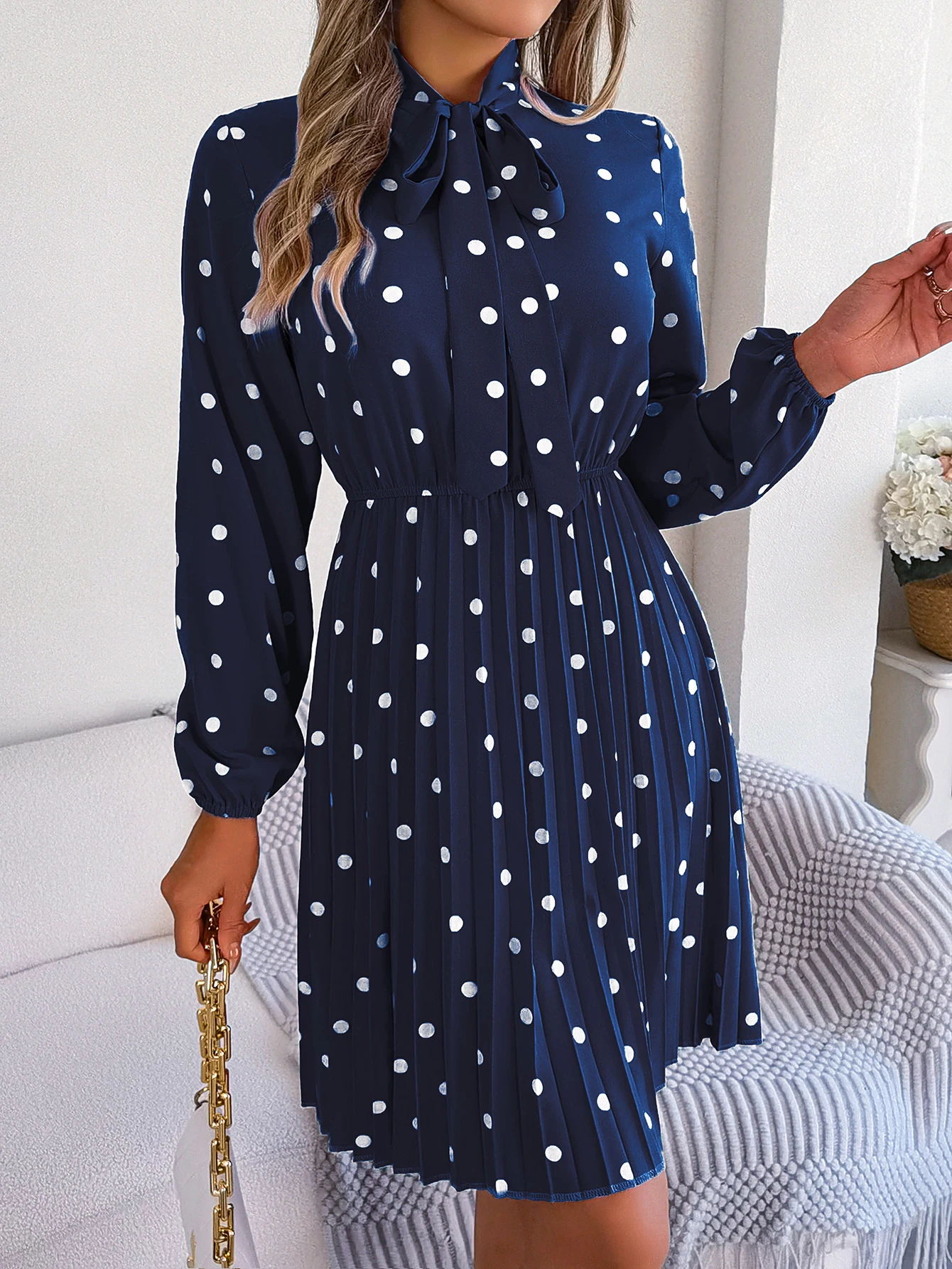 Elegant Lace up Polka Dot Long Sleeved Pleated Dresses - Image 11