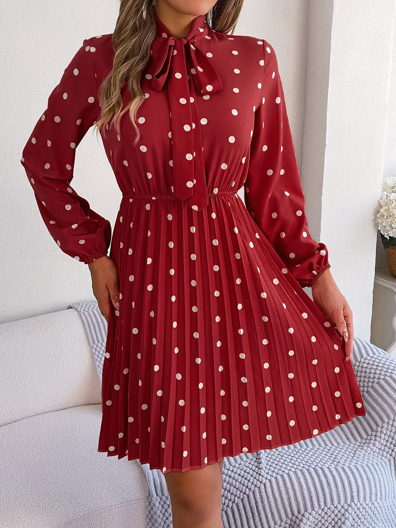 Elegant Lace up Polka Dot Long Sleeved Pleated Dresses - Image 13