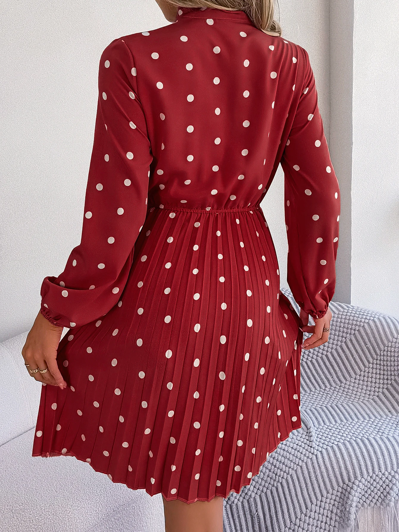 Elegant Lace up Polka Dot Long Sleeved Pleated Dresses - Image 18