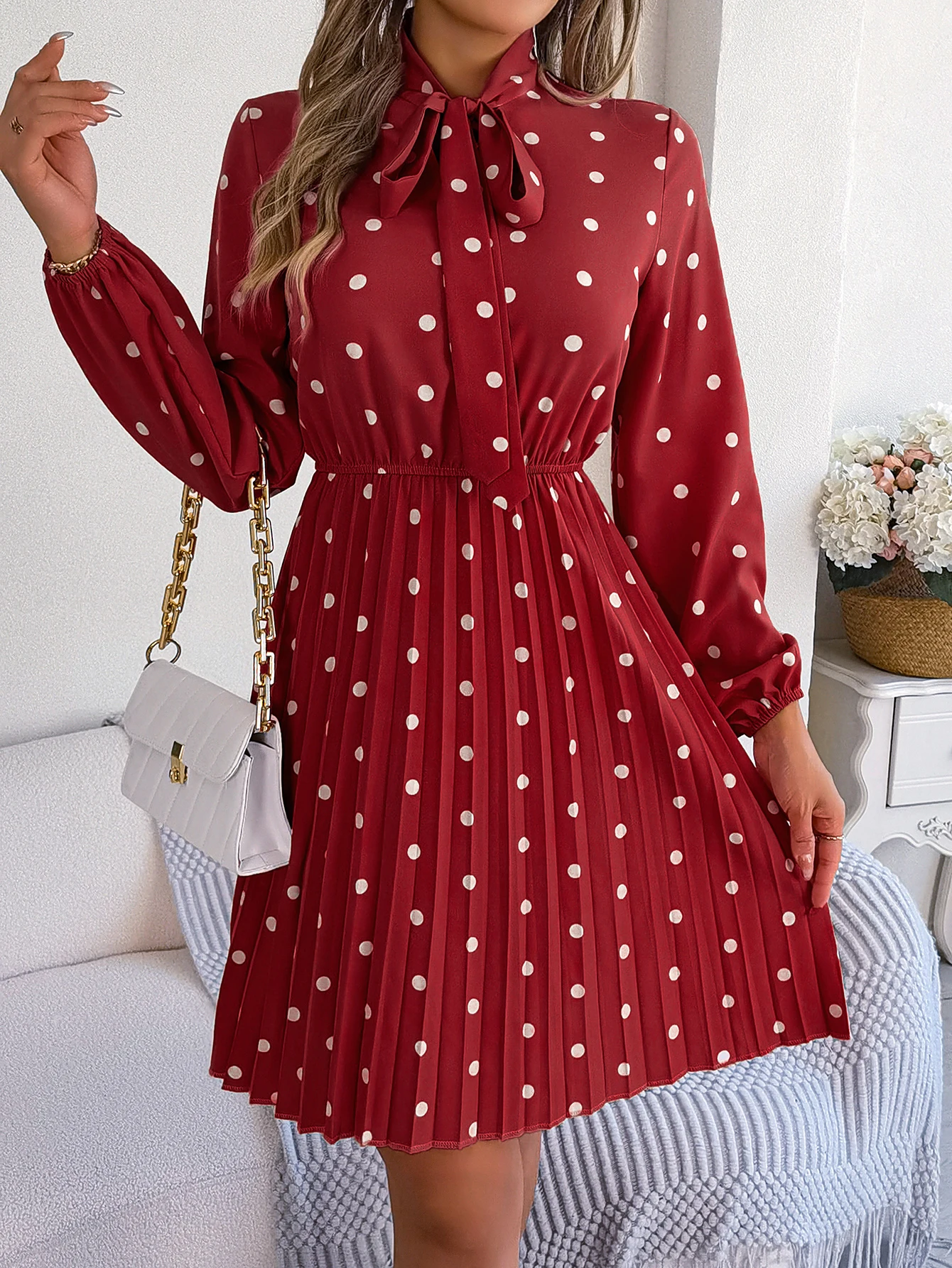 Elegant Lace up Polka Dot Long Sleeved Pleated Dresses - Image 14