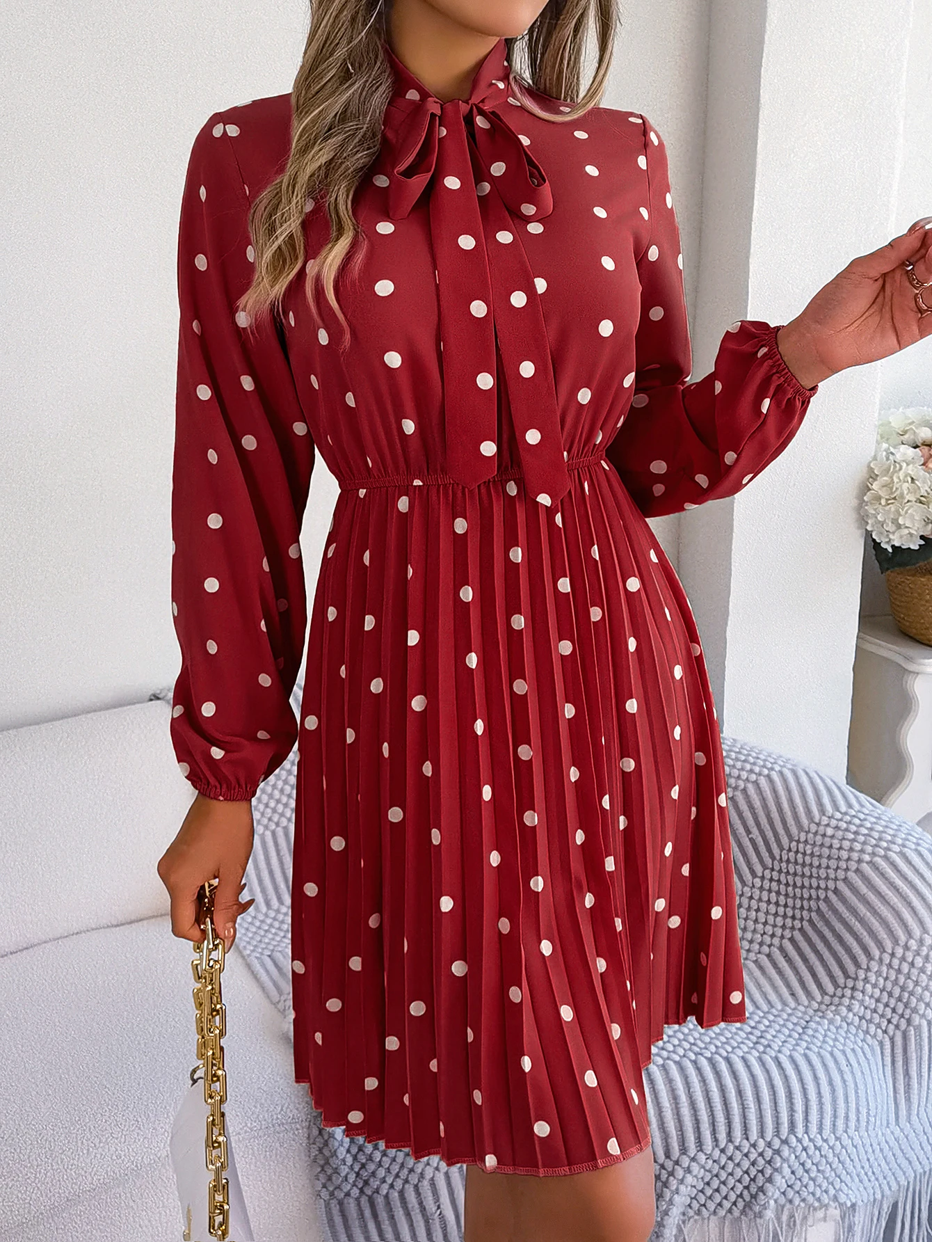 Elegant Lace up Polka Dot Long Sleeved Pleated Dresses - Image 15