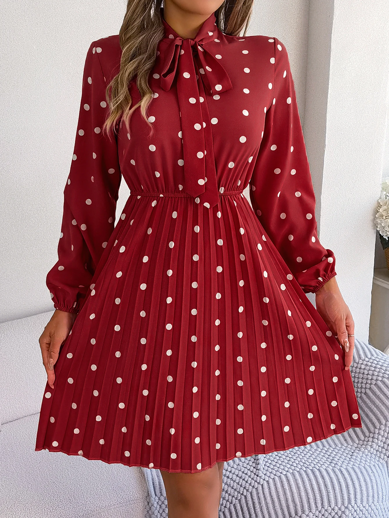 Elegant Lace up Polka Dot Long Sleeved Pleated Dresses - Image 16