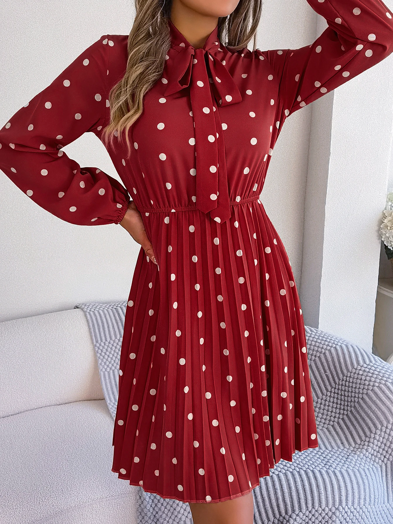 Elegant Lace up Polka Dot Long Sleeved Pleated Dresses - Image 17
