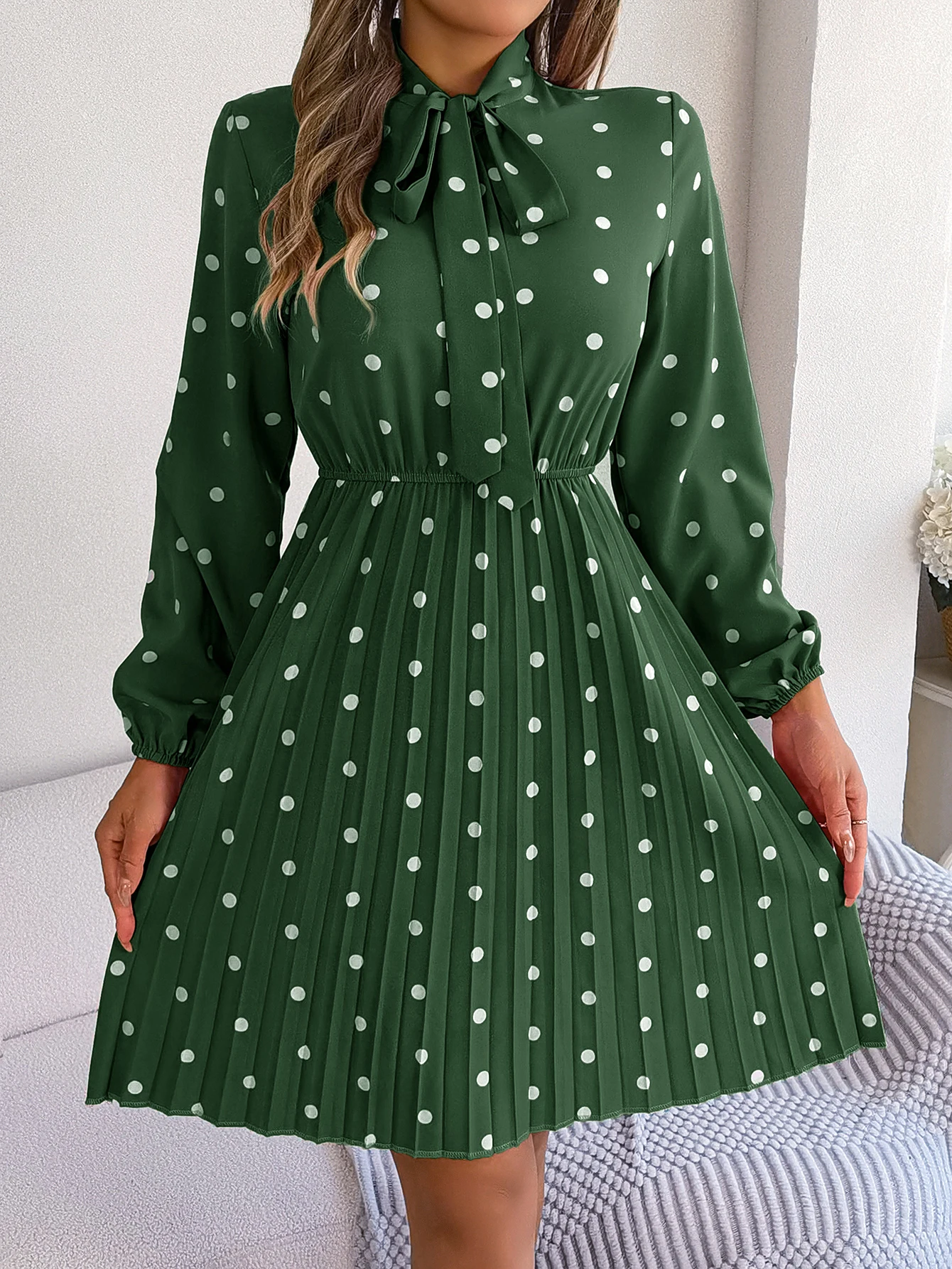 Elegant Lace up Polka Dot Long Sleeved Pleated Dresses - Image 19