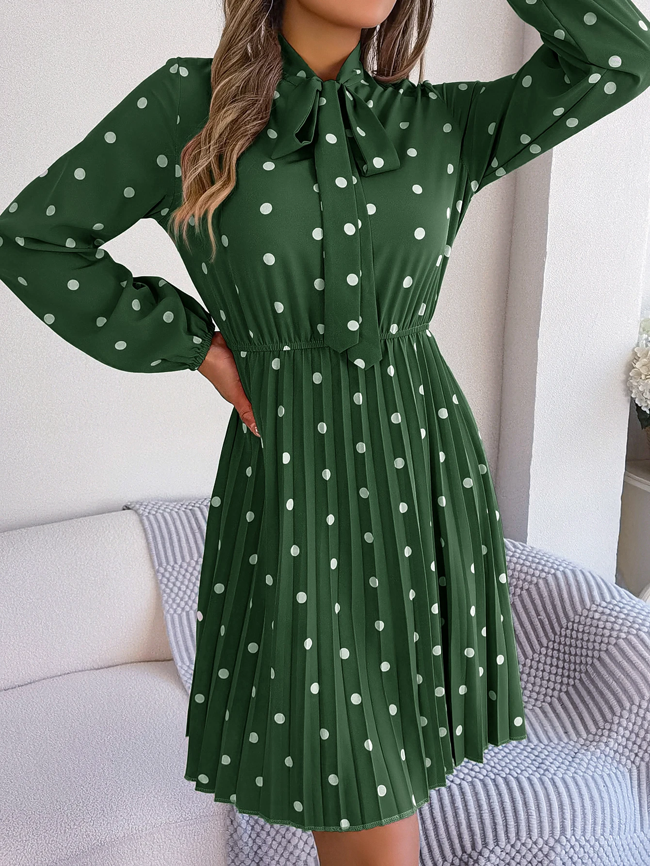 Elegant Lace up Polka Dot Long Sleeved Pleated Dresses - Image 20