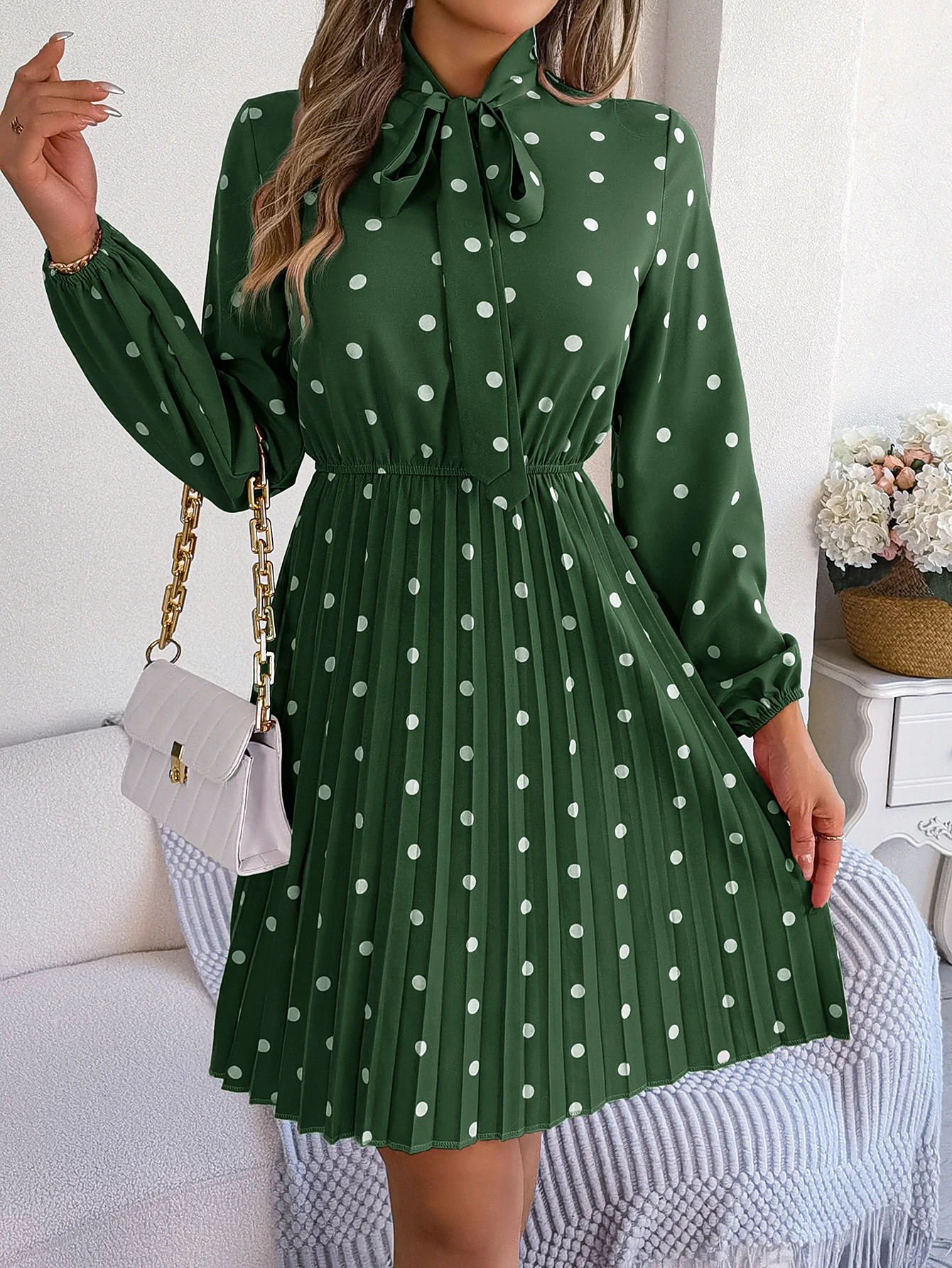 Elegant Lace up Polka Dot Long Sleeved Pleated Dresses - Image 21