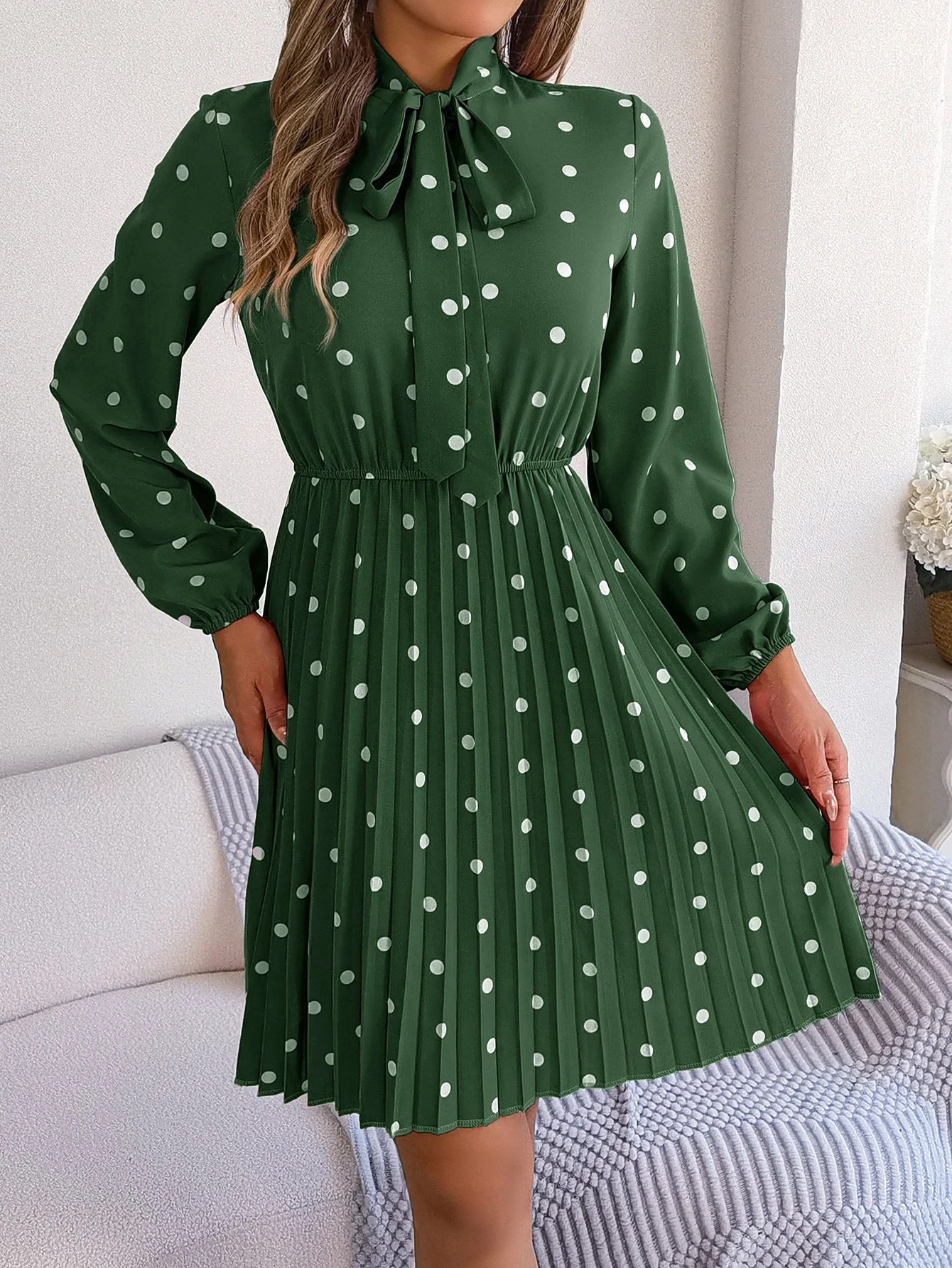 Elegant Lace up Polka Dot Long Sleeved Pleated Dresses - Image 22