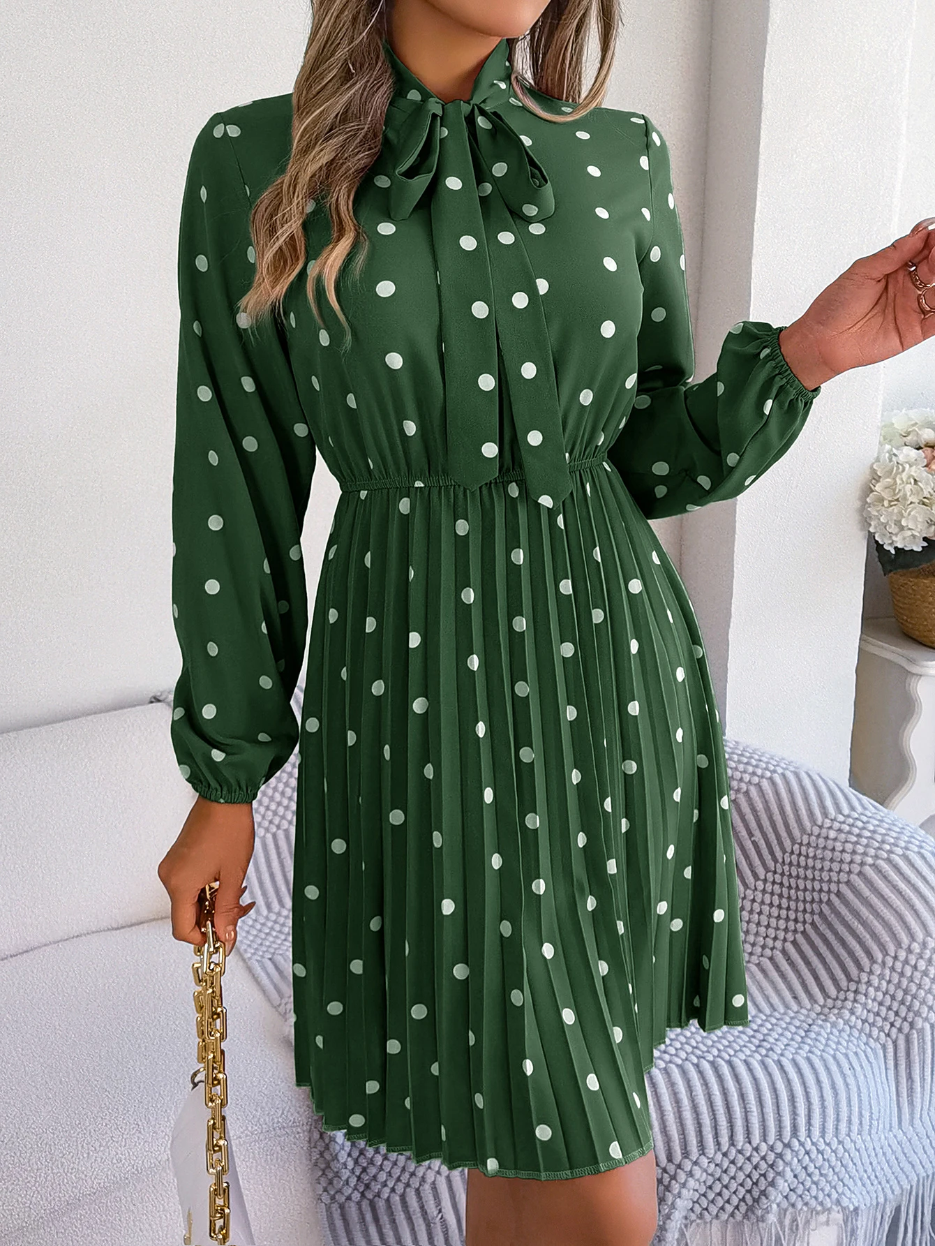Elegant Lace up Polka Dot Long Sleeved Pleated Dresses - Image 23