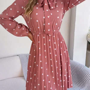 Elegant Lace up Polka Dot Long Sleeved Pleated Dresses