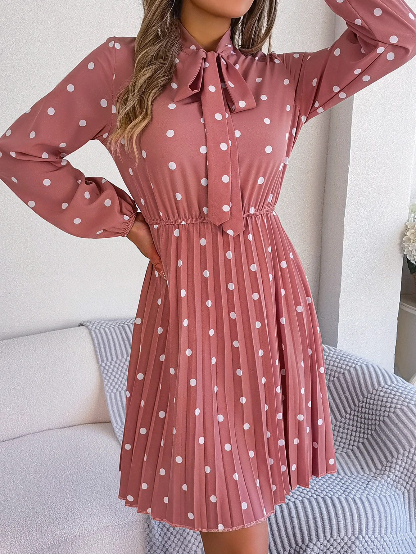 Elegant Lace up Polka Dot Long Sleeved Pleated Dresses