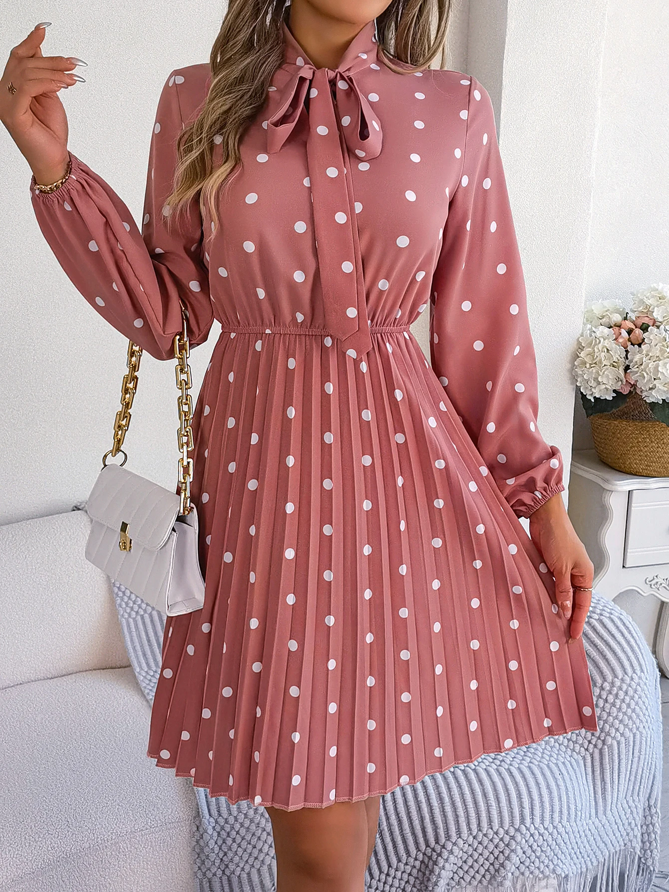 Elegant Lace up Polka Dot Long Sleeved Pleated Dresses - Image 2