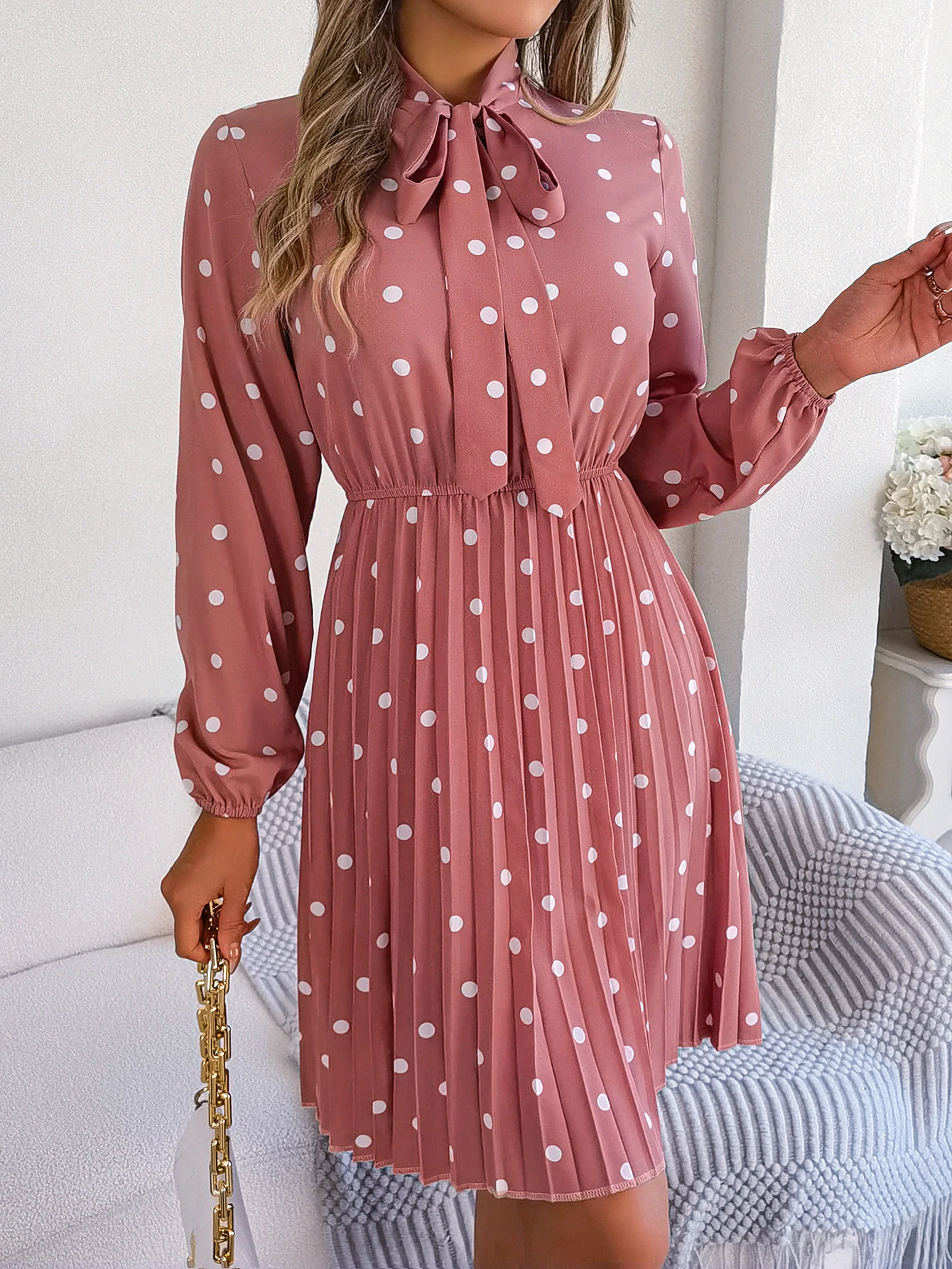 Elegant Lace up Polka Dot Long Sleeved Pleated Dresses - Image 3