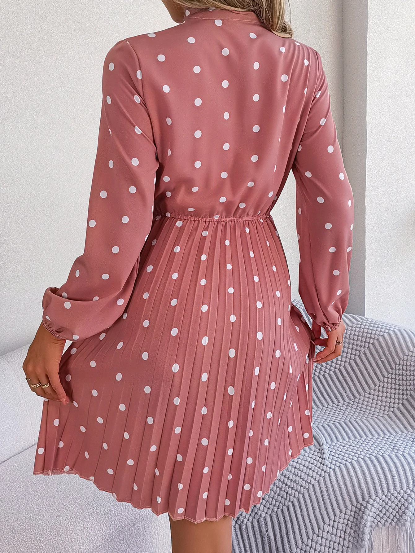 Elegant Lace up Polka Dot Long Sleeved Pleated Dresses - Image 6