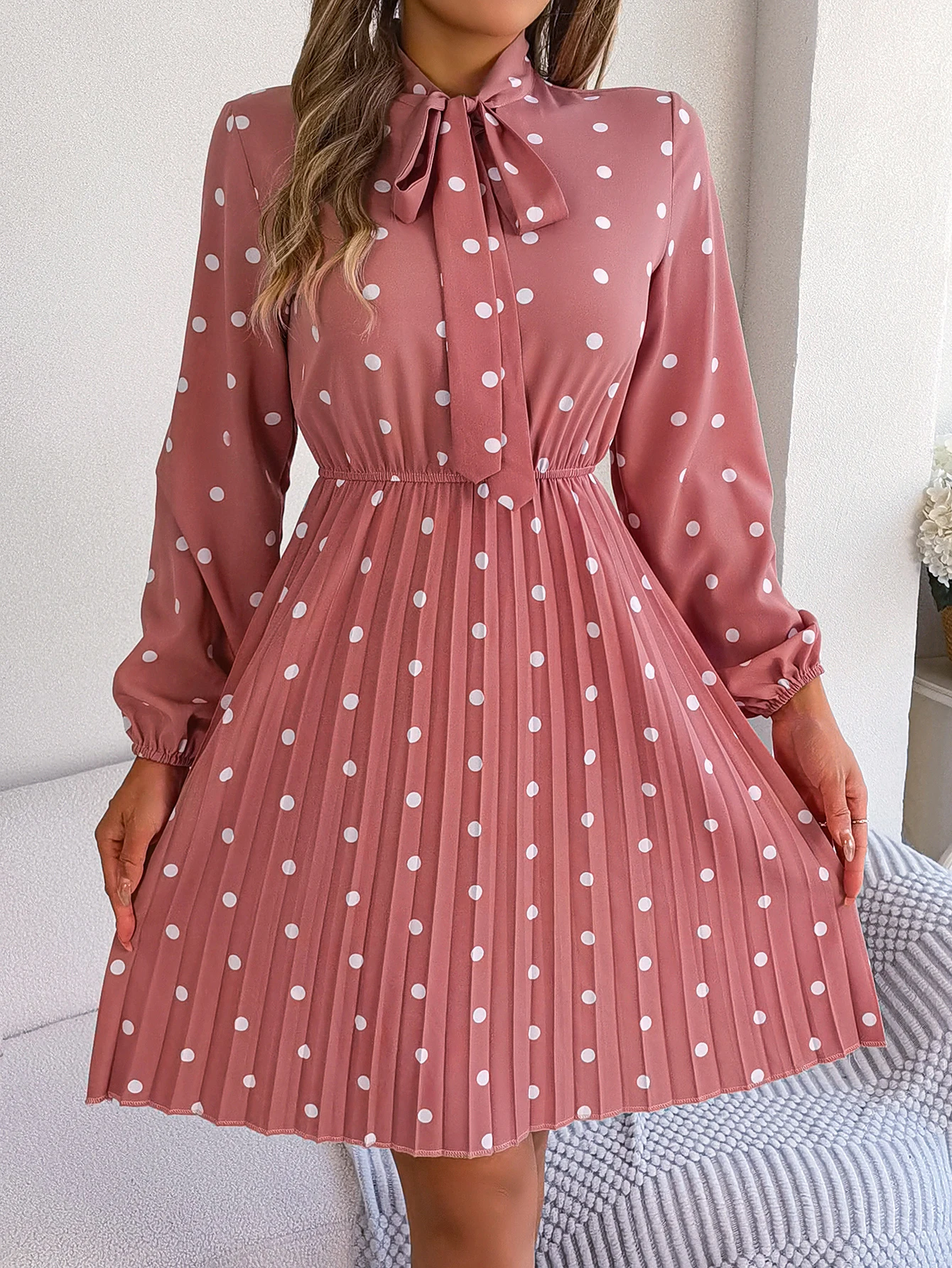 Elegant Lace up Polka Dot Long Sleeved Pleated Dresses - Image 4