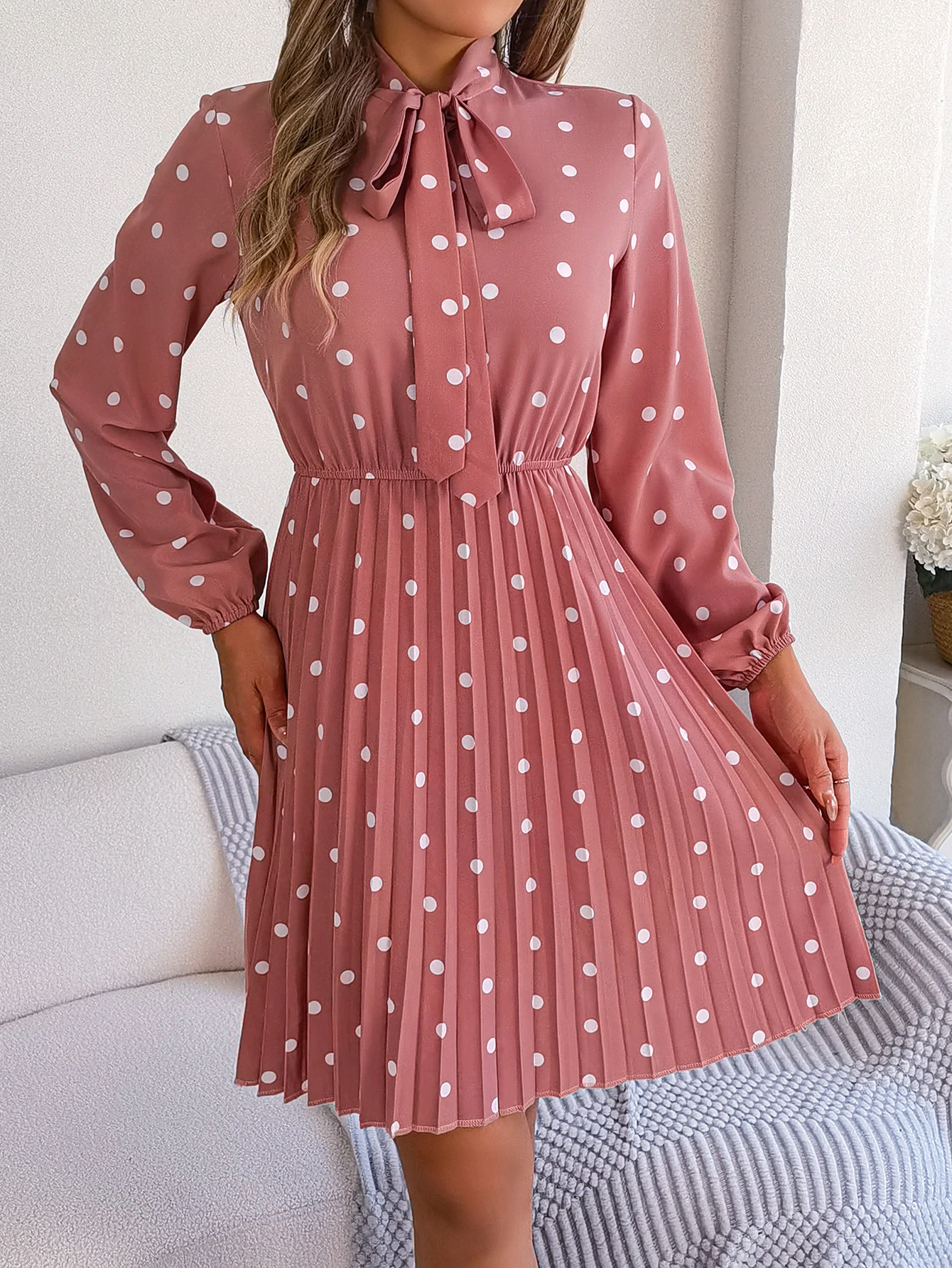 Elegant Lace up Polka Dot Long Sleeved Pleated Dresses - Image 5