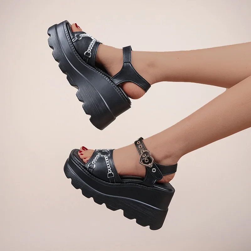 Elegant Metal Chain Decoration Platform Buckle Sandals - Image 5
