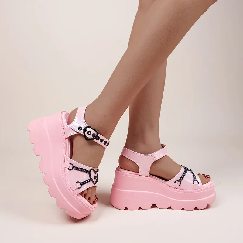 Elegant Metal Chain Decoration Platform Buckle Sandals - Image 3