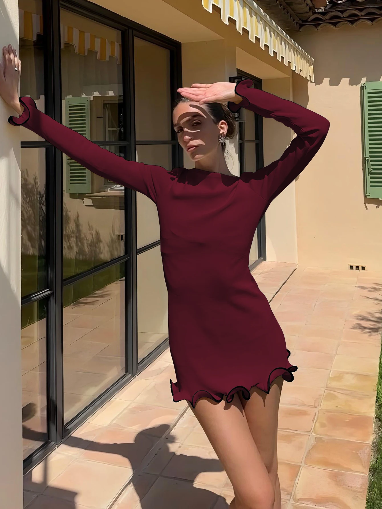 Elegant O-Neck Long Sleeves Ruffles Patchwork Bodycon Mini Dress - Image 16