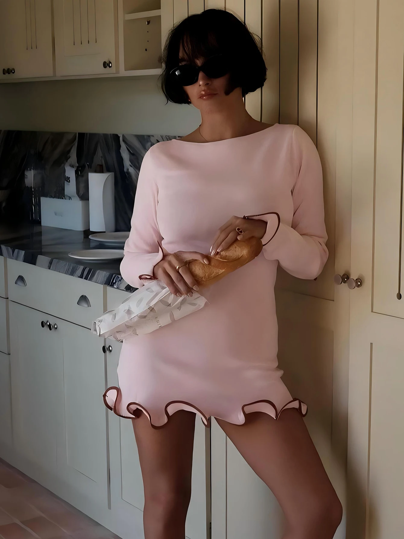 Elegant O-Neck Long Sleeves Ruffles Patchwork Bodycon Mini Dress - Image 5