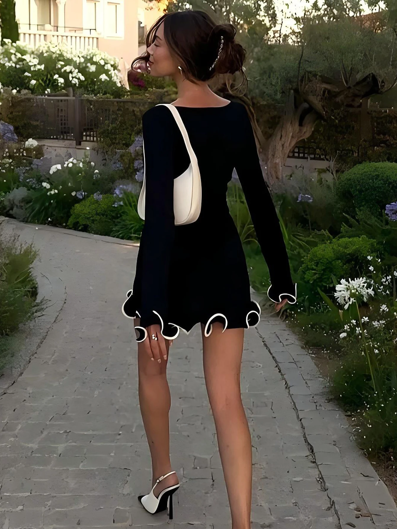 Elegant O-Neck Long Sleeves Ruffles Patchwork Bodycon Mini Dress - Image 10