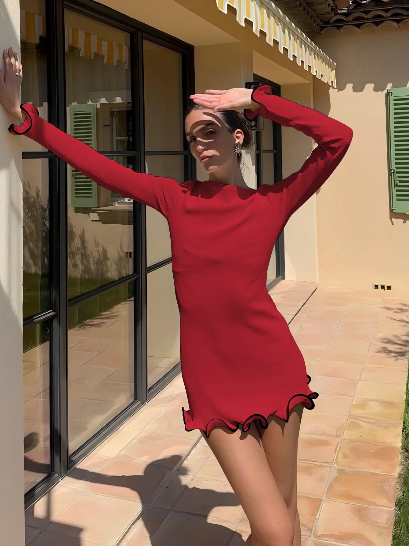 Elegant O-Neck Long Sleeves Ruffles Patchwork Bodycon Mini Dress - Image 3