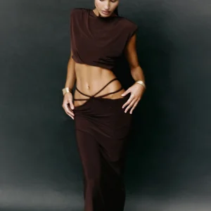 Elegant O-Neck Sleeveless Crop Tops Hollow Bandage High Waist Long Skirt 2 Piece Set