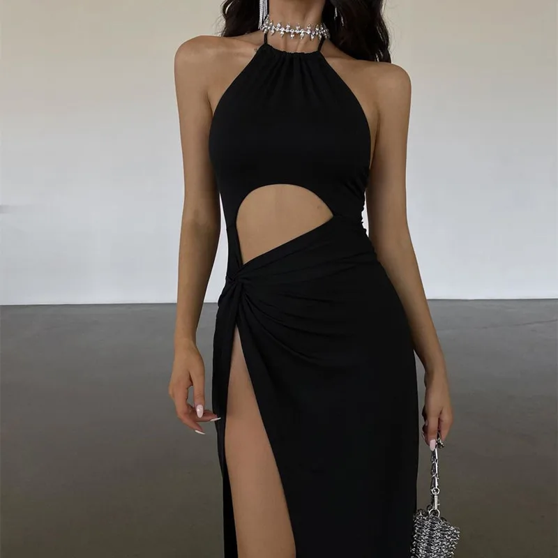 Elegant Backless Sleeveless Solid Hollow Out High-waist Split Dresses - Image 4