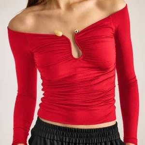 Elegant Off Shoulder Long Sleeves Button Ruched Bodycon Crop T-Shirt