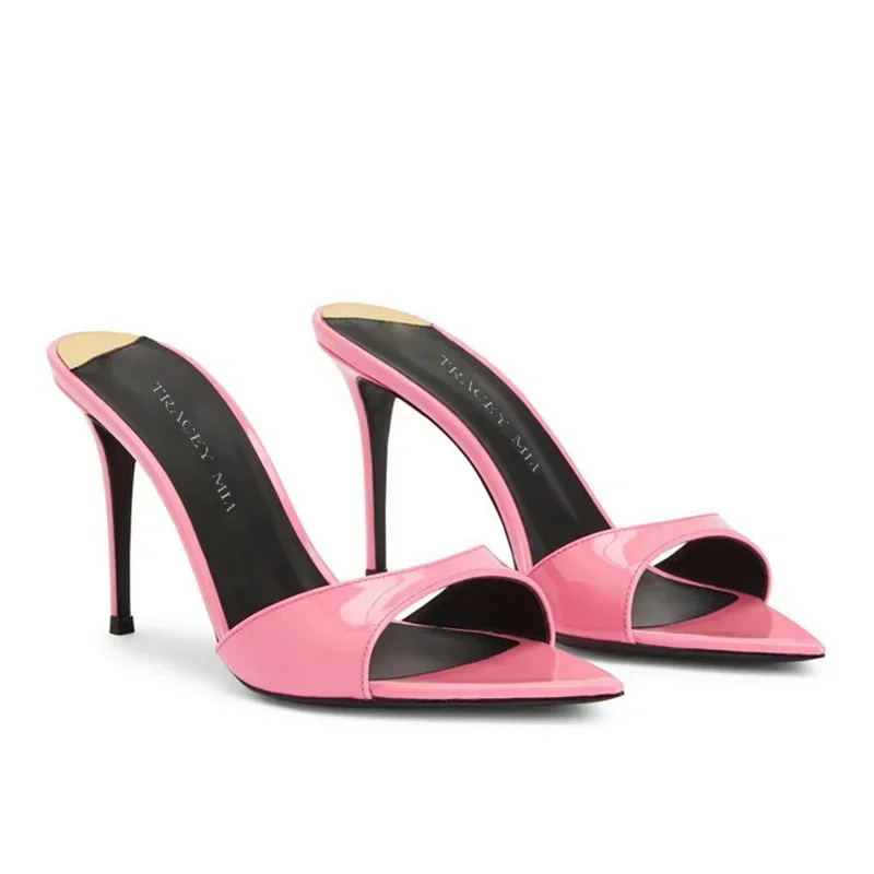 Elegant Office Style Pointed Stiletto Patent Leather Designer Mule High Heels Pumps - Image 11