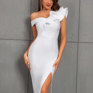 Elegant One Shoulder Ruffle Split Thigh Bodycon Midi Dress