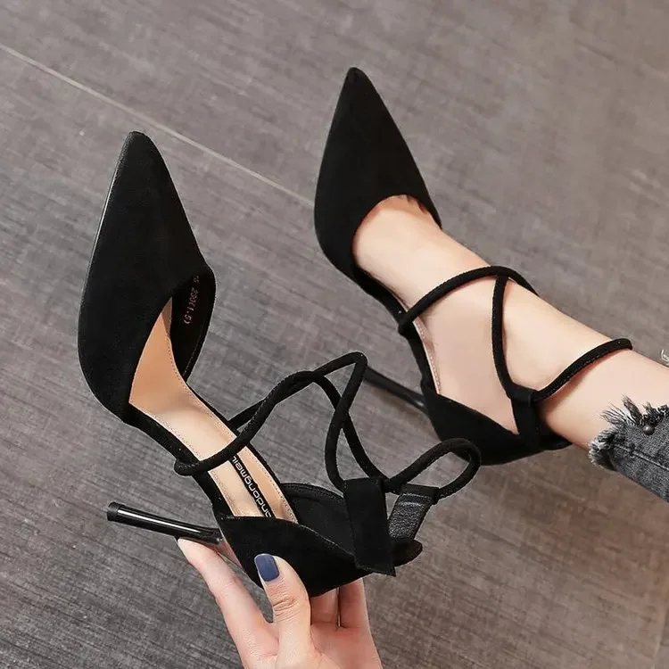 Elegant One-line Buckle Cross-strap Roman Style Pointed Toe High Heels Sandals - Image 4