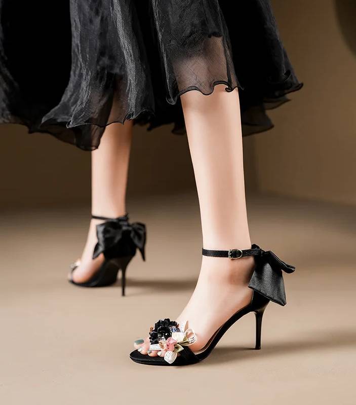 Elegant Open Toe Satin Flower Bow Buckle High Heel Pumps Sandals - Image 10