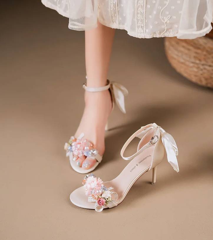 Elegant Open Toe Satin Flower Bow Buckle High Heel Pumps Sandals - Image 2