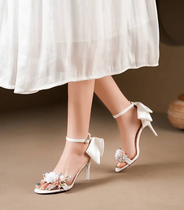 Elegant Open Toe Satin Flower Bow Buckle High Heel Pumps Sandals - Image 4
