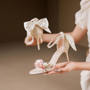 Elegant Open Toe Satin Flower Bow Buckle High Heel Pumps Sandals