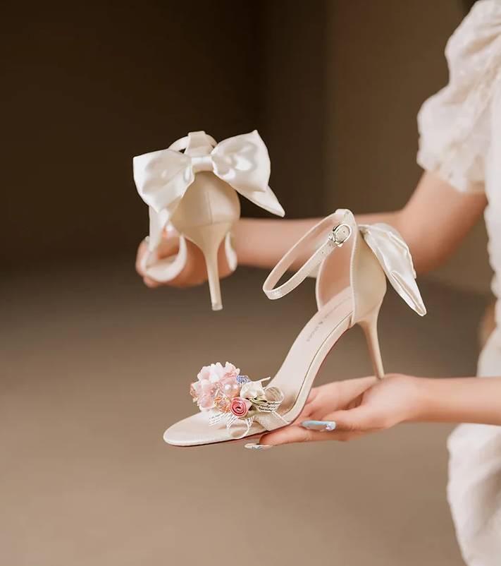 Elegant Open Toe Satin Flower Bow Buckle High Heel Pumps Sandals