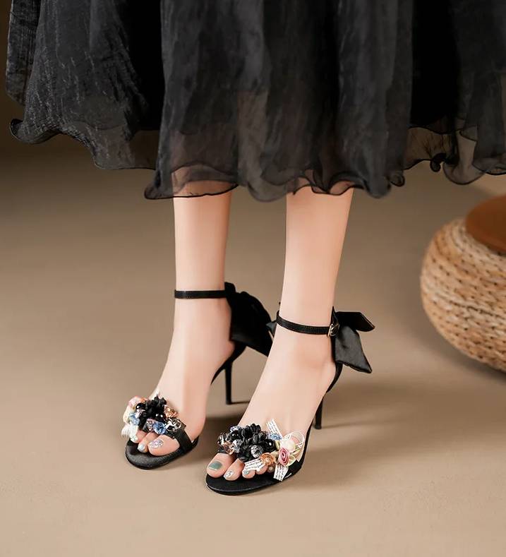 Elegant Open Toe Satin Flower Bow Buckle High Heel Pumps Sandals - Image 7