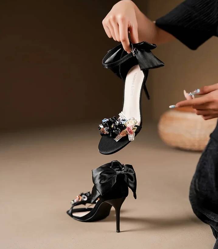 Elegant Open Toe Satin Flower Bow Buckle High Heel Pumps Sandals - Image 9