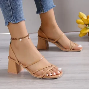 Elegant Outside Cross Tied Leather Square Heels Sandals
