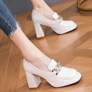 Elegant Patent Leather Single Metal Buckle Thick High Heels Sandal